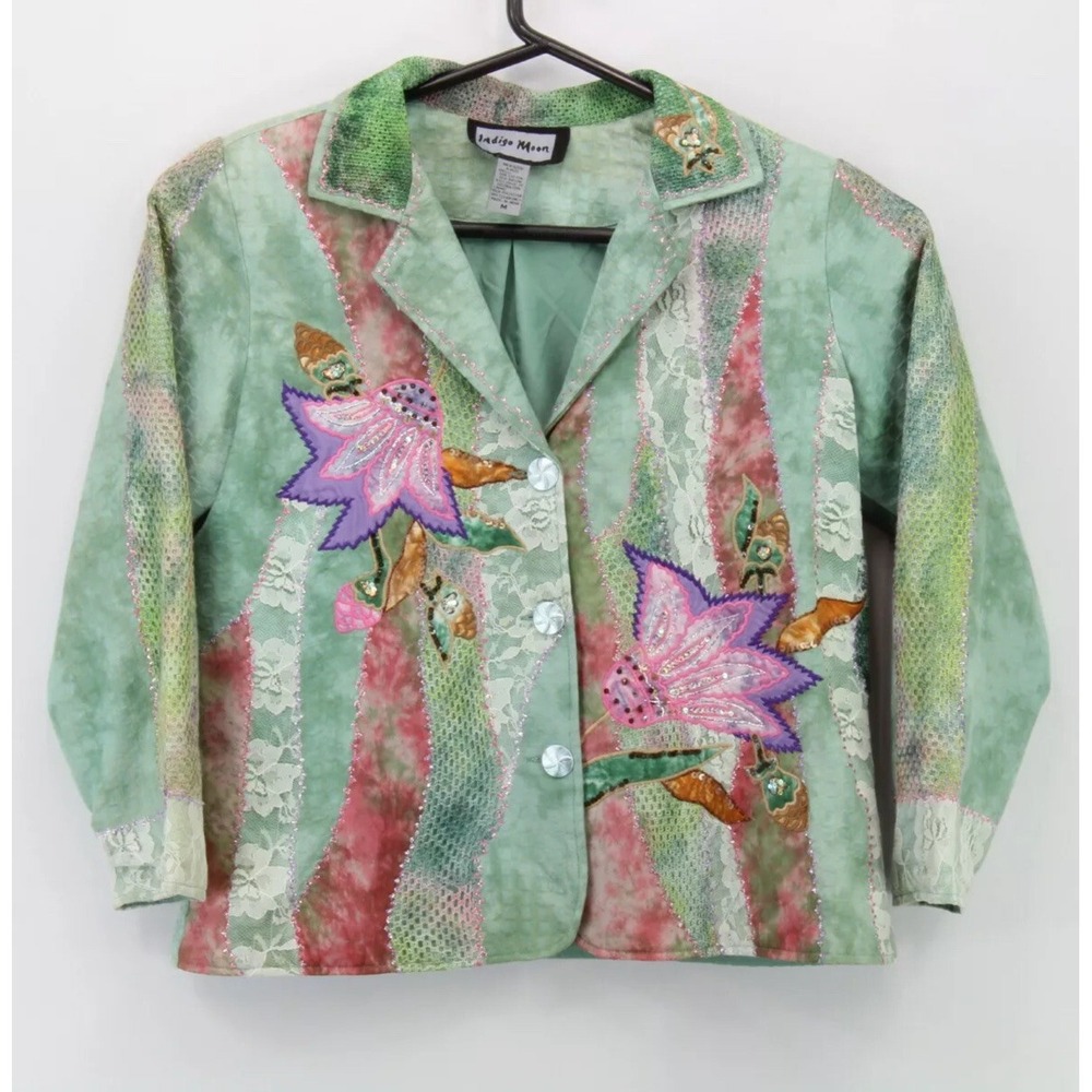 Indigo Moon Embroidered Jacket Size Medium‎ Women Button Front Multicolor Floral
